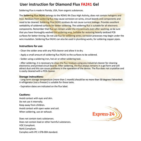 User instruction for Diamond Flux FA241 Gel with cautionary details and storage tips on a white background with Express-24 logo.