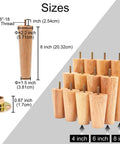 8 Inch Straight Wooden Table Legs 8 Pack Mid Century Style Replacement Feet For Couch Sofa Chair Cabinet Dresser Bed With 110 Lbs Per Leg Capacity Rating sizes and dimensions chart
