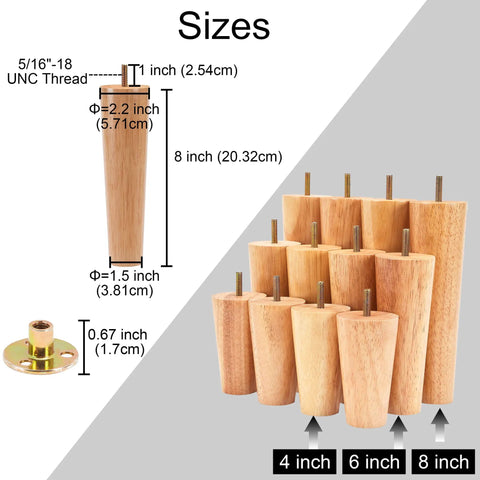 8 Inch Straight Wooden Table Legs 8 Pack Mid Century Style Replacement Feet For Couch Sofa Chair Cabinet Dresser Bed With 110 Lbs Per Leg Capacity Rating sizes and dimensions chart