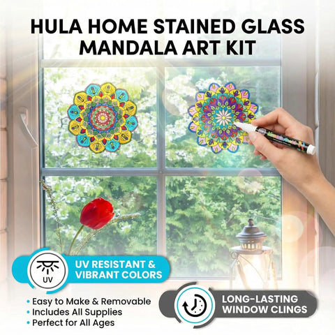 Image of Stained Glass Mandala Art Kit for DIY Window Clings with hand coloring a suncatcher on a window with nature outside.