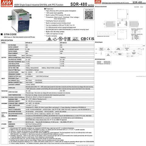 Beefy 24V Power Supply 480W 20A High Power Stable Output for Sensitive Semiconductor Equipment Rock Solid 24 Volt Supply for Precision Manufacturing UL508 Certified Efficient and Durable, SDR-480-24 spec sheet