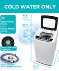 Compact Portable Washer That Hits Different With 0.9 Cubic Feet Capacity And Five Quick Wash Cycles For Absolutely No Sweat Apartment Laundry Cleanup In Bright White Finish showing height and noise specifications.