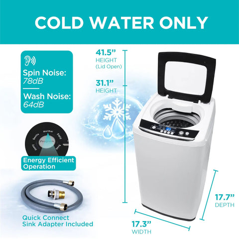 Compact Portable Washer That Hits Different With 0.9 Cubic Feet Capacity And Five Quick Wash Cycles For Absolutely No Sweat Apartment Laundry Cleanup In Bright White Finish showing height and noise specifications.