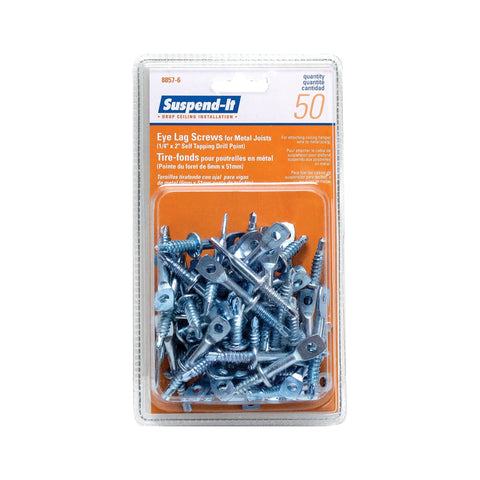 Plastic pack of 50 Eye Lag Screws For Metal Joists For Suspended Drop Ceiling Installations Self Tapping Drill Point Two Inch By Quarter Inch Shank
