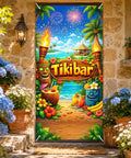 Luau Party Door Cover 71 By 35 Inch Tiki Bar Beach Banner With Tropical Cocktails Tiki Torches Palm Trees Flowers Ocean View