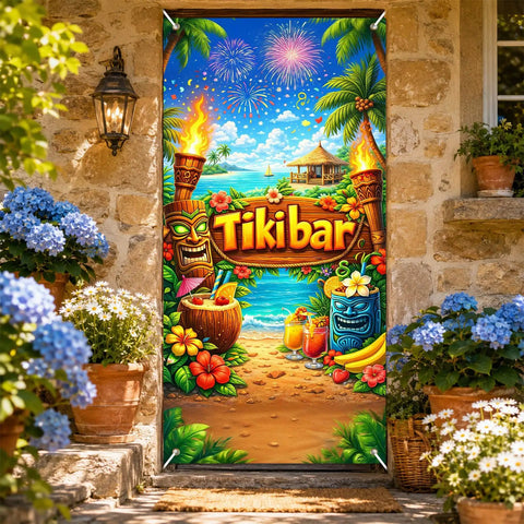 Luau Party Door Cover 71 By 35 Inch Tiki Bar Beach Banner With Tropical Cocktails Tiki Torches Palm Trees Flowers Ocean View