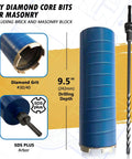 3-inch diamond dry core bit for masonry with SDS Plus pilot adapter, 9.5-inch drilling depth, blue