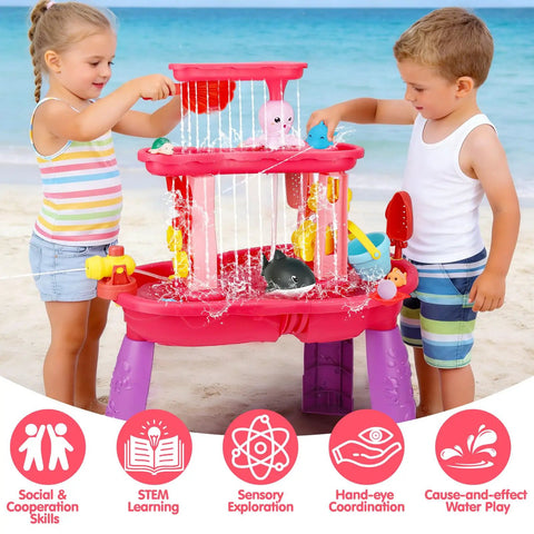Children playing with 3 tier water and sand table with pump for toddlers to kids ages 1 to 8 outdoor backyard splash play set