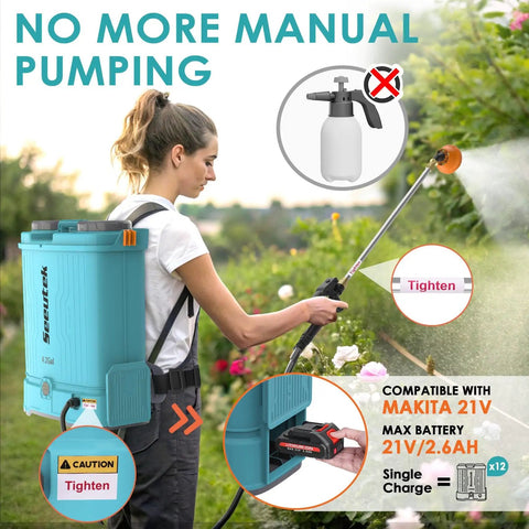 Battery Powered Backpack Sprayer Four Point Two Gallon For The Yard With 0 To 100 PSI Adjustable Spray in use by a woman in a garden