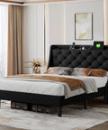 Queen Upholstered Bed Frame With 16 Inch Wingback Headboard And Built In Dual Charging Station Button Tufted Platform Base Solid Wood Slat Support No Box Spring Needed Zero Hassle Setup Black in modern bedroom setting.