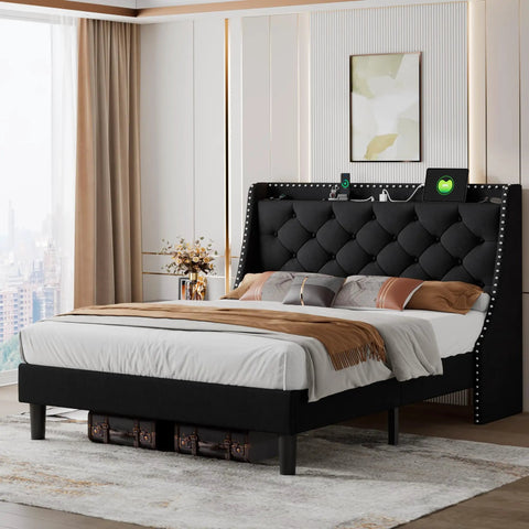 Queen Upholstered Bed Frame With 16 Inch Wingback Headboard And Built In Dual Charging Station Button Tufted Platform Base Solid Wood Slat Support No Box Spring Needed Zero Hassle Setup Black in modern bedroom setting.