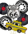 Route 66 Retro Party Balloons Kit With Vintage Car Tire Decor And Vinyl Record Foil Balloons Shield Sign Old School Road Trip Vibes