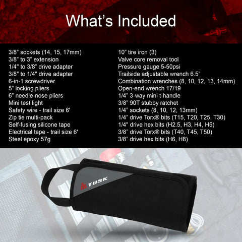 Compact 30 Piece Motorcycle Adventure Tool Kit with Pliers Wrenches Sockets Screwdrivers in Rugged CR-V Steel Tool Roll