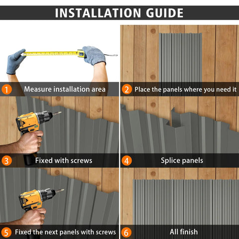 Installation guide for wide corrugated metal panels for roofing and siding, 61.02 by 18.9 inches, galvanized grey.