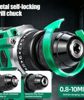 Boss Grade Brushless Cordless Drill Driver With Quick Swap Metal Keyless Chuck showing 0.8-10mm clamping range for easy bit changes.