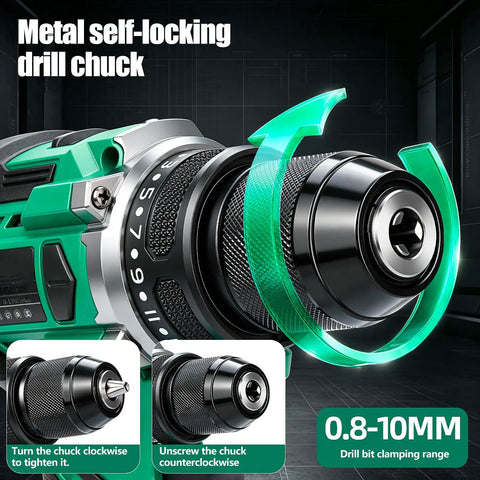 Boss Grade Brushless Cordless Drill Driver With Quick Swap Metal Keyless Chuck showing 0.8-10mm clamping range for easy bit changes.