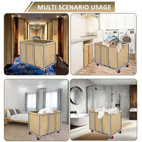 Heavy Duty Commercial Laundry Cart With Wheels Industrial Stainless Steel Linen Tote For Hotel Housekeeping in various settings.