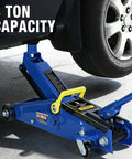 3 Ton Hydraulic Floor Jack With 6000 Lb Capacity For Cars SUVs And Trucks lifting a car, blue jack with casters visible