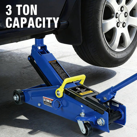 3 Ton Hydraulic Floor Jack With 6000 Lb Capacity For Cars SUVs And Trucks lifting a car, blue jack with casters visible