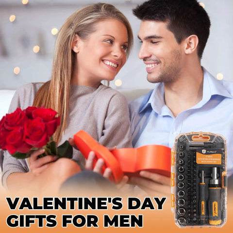 Couple exchanging gifts with Seventy Seven Piece Ratcheting Screwdriver Bit And Socket Kit With Heavy Duty Carry Case nearby.