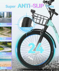 Dope City Cruiser Electric Bike With 24 Inch Wheel Peak 1000W Motor showing anti-slip tires and front basket