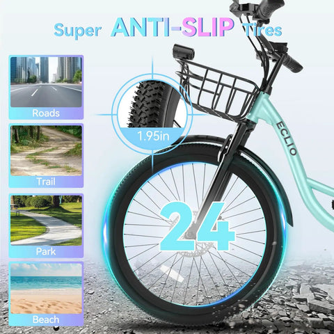 Dope City Cruiser Electric Bike With 24 Inch Wheel Peak 1000W Motor showing anti-slip tires and front basket