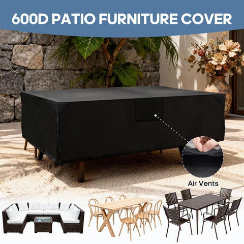 Heavy Duty Outdoor Furniture Cover for Rectangular Patio Table and Chairs, 600D UV Resistant and Waterproof, on patio
