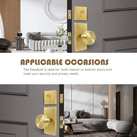 Gold Door Knob With Deadbolt Set In Satin Brass, Single Cylinder Hardware shown on modern interior and exterior doors