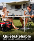 Couple enjoying coffee beside 7000-Watt Open Frame Inverter Generator With Electric Start Portable Power for RV Camping