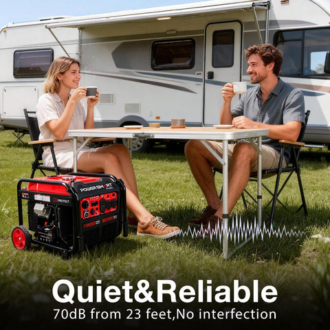 Couple enjoying coffee beside 7000-Watt Open Frame Inverter Generator With Electric Start Portable Power for RV Camping