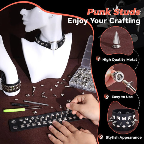 Hands assembling Punk Stud Kit For Leather And Clothing DIY Decor 480 Mixed Cone Spikes In 8 Sizes 100 Square Pyramid Spikes 50 Round Dome Spikes Includes Puncher Awl And Screwdriver For Bags Shoes Caps And Craft Projects