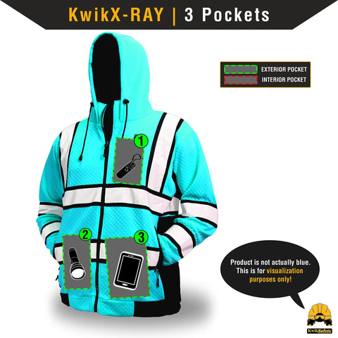 KwikX-Ray with 3 pockets showcasing Sage Safety Jacket Hoodie That Slaps With Premium Quilted Stitching Class 3 ANSI OSHA Compliant Mens Fleece Hoodie Yellow 2XL