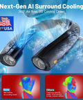 Portable Neck Fan With 6 Speeds And 8000mAh Battery surrounding neck with 360-degree air cooling effect, blue ice background
