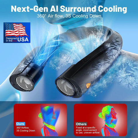 Portable Neck Fan With 6 Speeds And 8000mAh Battery surrounding neck with 360-degree air cooling effect, blue ice background