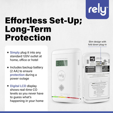 Plug In Carbon Monoxide Detector With Battery Backup And Digital Display For Real Time CO Monitoring Must Have Easy Wall Mount Electrochemical Sensor Dual Power Safety For Home Basements And Living Areas.
