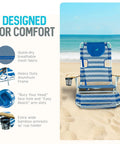 3N1 Lightweight Beach Reclining Lounge Chair With Footrest For Patio Porch Balcony Or Backyard, Blue Stripe in beach setting
