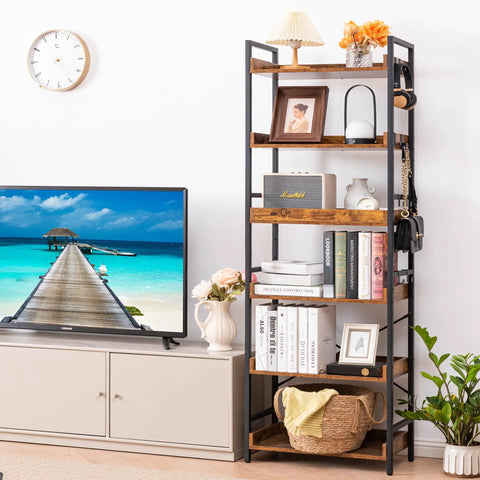 Adjustable Six Tier Open Bookcase With Mid Century Rustic Farmhouse Charm And Industrial Wood And Black Metal Build shown in living room.