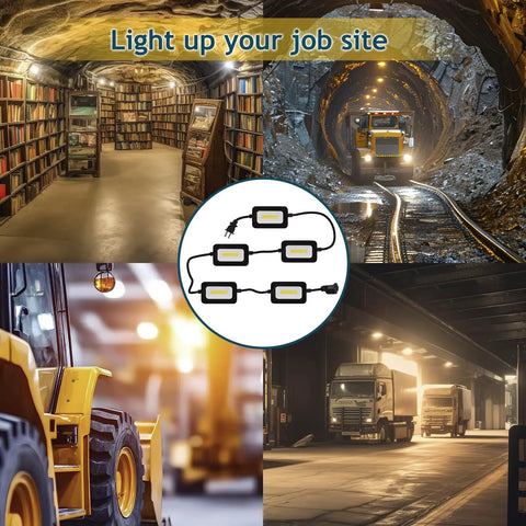 Heavy Duty 50 Ft LED Work Light Set With Five Heads Boss Level Brightness 50W 5000 Lumen Damp Rated Jobsite Lighting Linkable For Bigger Projects 5000K Daylight White Metal Housing ETL Listed displayed with various job site environments.