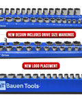 Magnetic Socket Organizer Set 3 Piece Metric Socket Holder Blue For One Half Inch Three Eighth Inch And One Quarter Inch Drives Holds 75 Sockets Pro Grade Socket Tray Organizer with new size markings and logo placement.