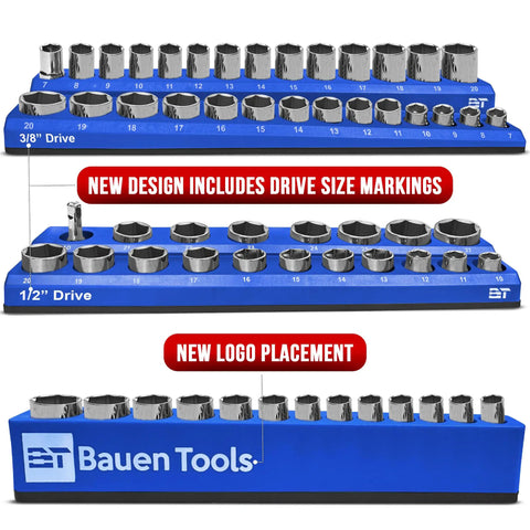 Magnetic Socket Organizer Set 3 Piece Metric Socket Holder Blue For One Half Inch Three Eighth Inch And One Quarter Inch Drives Holds 75 Sockets Pro Grade Socket Tray Organizer with new size markings and logo placement.