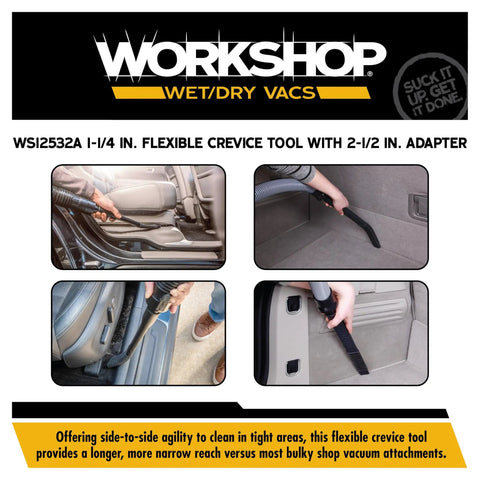 Flexible Crevice Tool Attachment for Wet Dry Vacuum Cleaners and tight spaces demo in car interior
