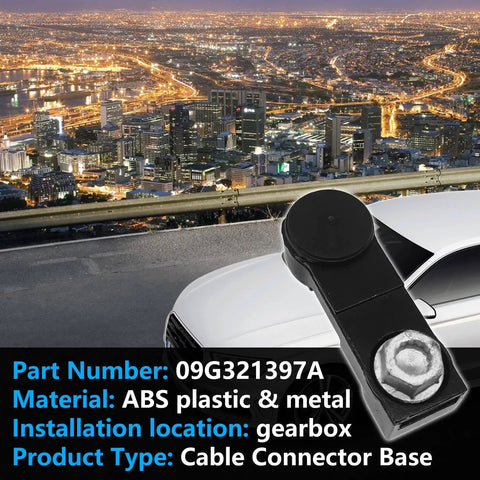 Automatic Transmission Shift Cable Connector Base 09G321397A close-up with city skyline background