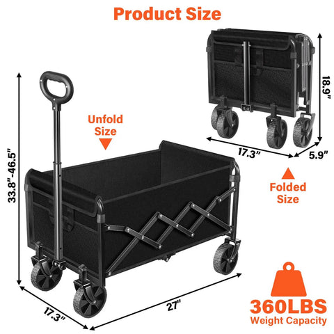 Foldable Utility Wagon With Wheels For Groceries And Camping, size comparison unfolded 35.4x27.5 inches and folded 17.3x5.9 inches