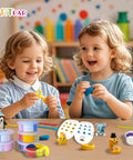 Children playing with the Air Dry Clay Kit For Kids With 12 Animal Sculpting Molds And 4 Vibrant Colors, modeling tools, and clay figures.