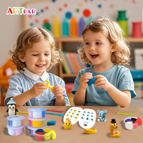 Children playing with the Air Dry Clay Kit For Kids With 12 Animal Sculpting Molds And 4 Vibrant Colors, modeling tools, and clay figures.