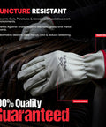 Badass 12 Pair Leather Work Gloves Built Like A Tank Deliver Heavy Duty Non Slip Grip For Grinding Construction Jobs Rugged Yard Labor And Warehouse Shifts Large Fit, beige leather gloves shown in use.