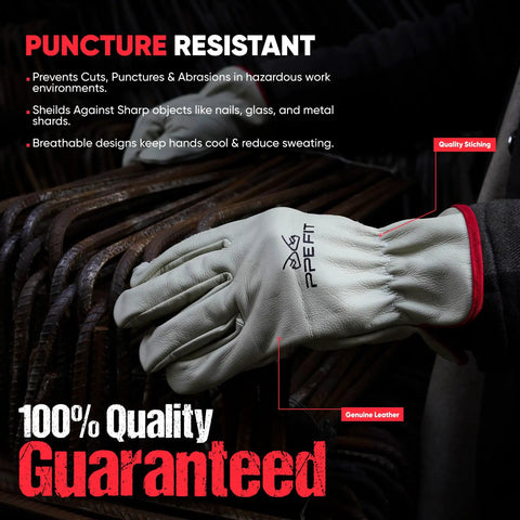 Badass 12 Pair Leather Work Gloves Built Like A Tank Deliver Heavy Duty Non Slip Grip For Grinding Construction Jobs Rugged Yard Labor And Warehouse Shifts Large Fit, beige leather gloves shown in use.
