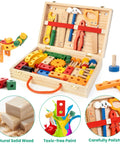 90 Piece Wooden Toddler Tool Set With Box For Kids Ages 3 To 5, FSC Certified Wood, open tool box with colorful accessories
