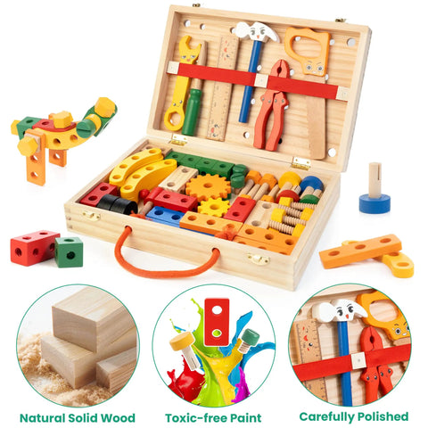 90 Piece Wooden Toddler Tool Set With Box For Kids Ages 3 To 5, FSC Certified Wood, open tool box with colorful accessories