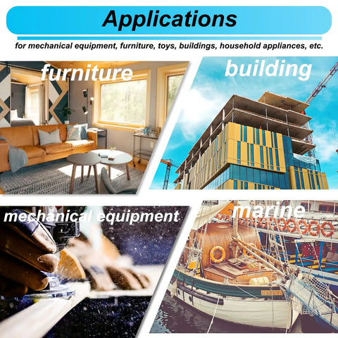 Collage showing applications of M4 Button Head Hex Socket Cap Screws Kit in furniture, building, mechanical equipment, and marine.